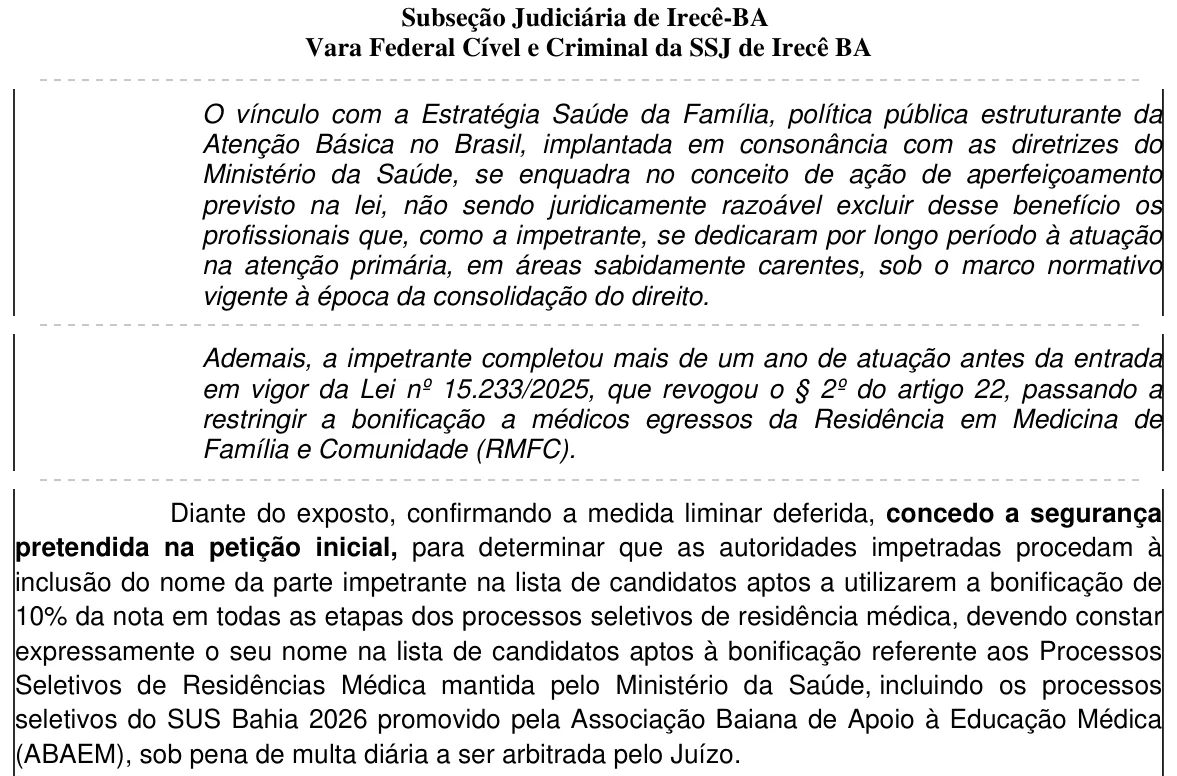 Trecho da decisão: Justiça Federal em Irecê (BA), setembro de 2026
