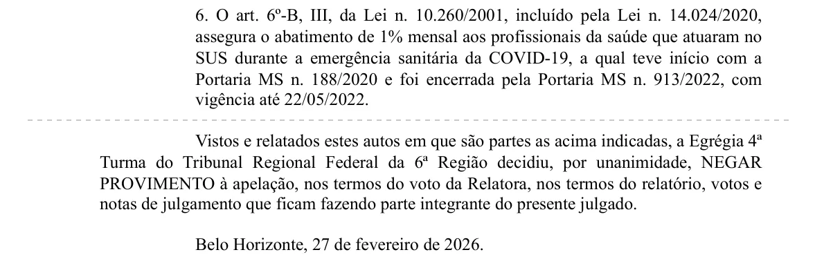 Trecho da decisão: TRF6, 4ª Turma, fevereiro de 2026