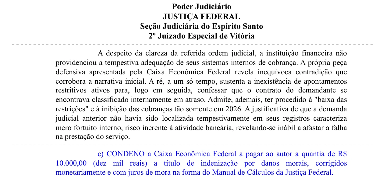 Trecho da decisão: Juizado Especial Federal em Vitória (ES), julho de 2026