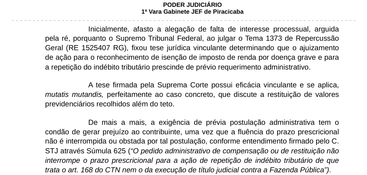 Trecho da decisão: Juizado Especial Federal em Piracicaba (SP), agosto de 2026